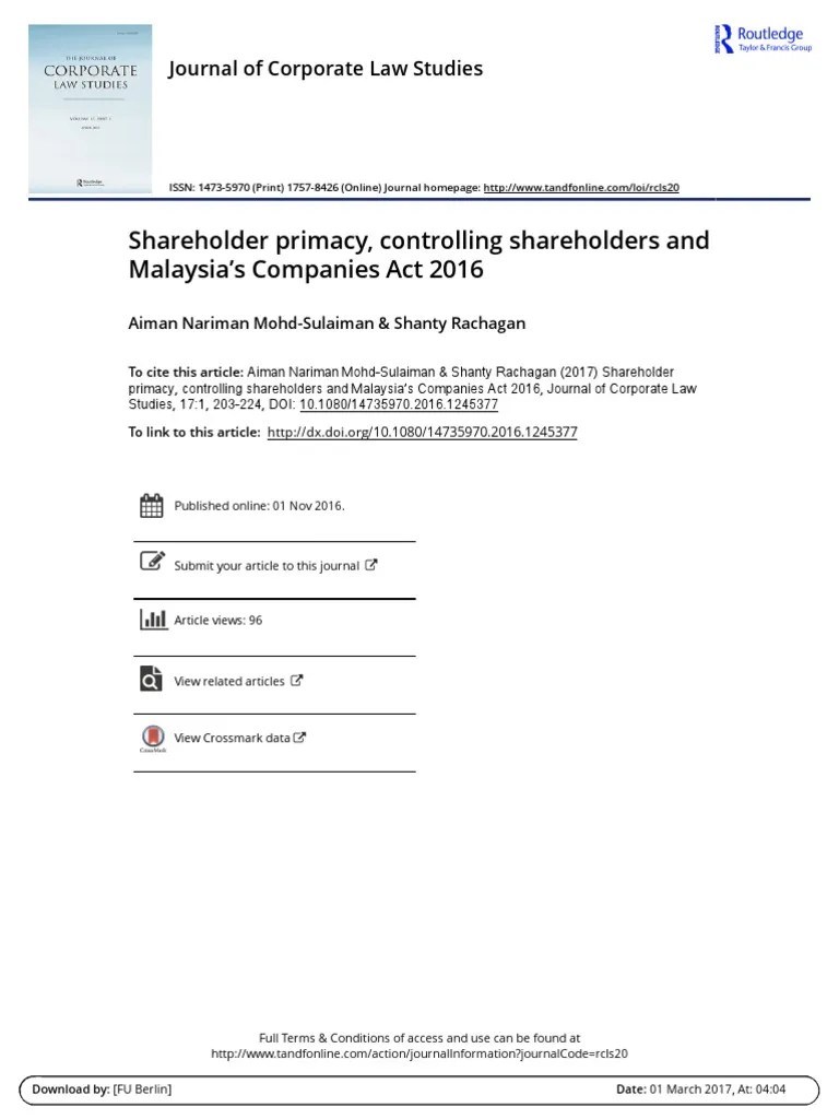 Shareholder Primacy, Controlling PDF Ratification Corporate Law