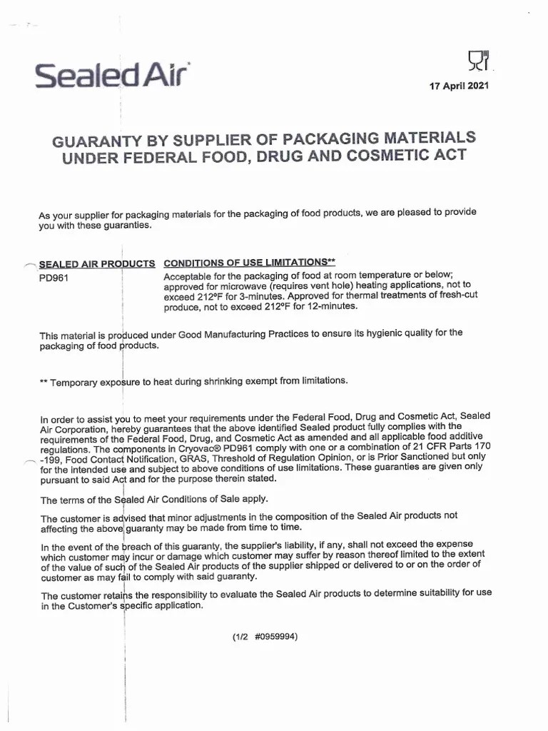 Sealed Air Food Grade Certificate PDF PDF