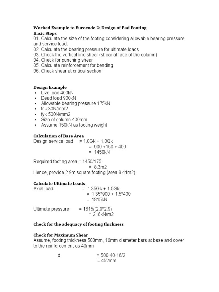 Design of Pad Footing Worked Example To Eurocode 2 PDF Bending