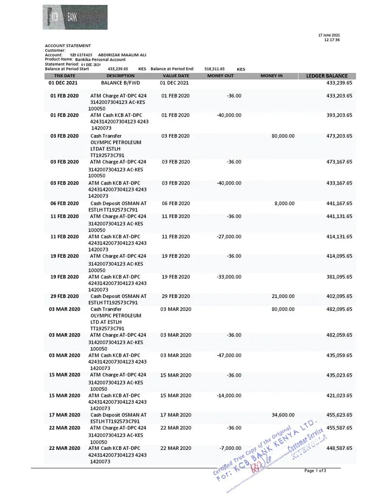 KCB Bank Statement PDF Banking Financial Services