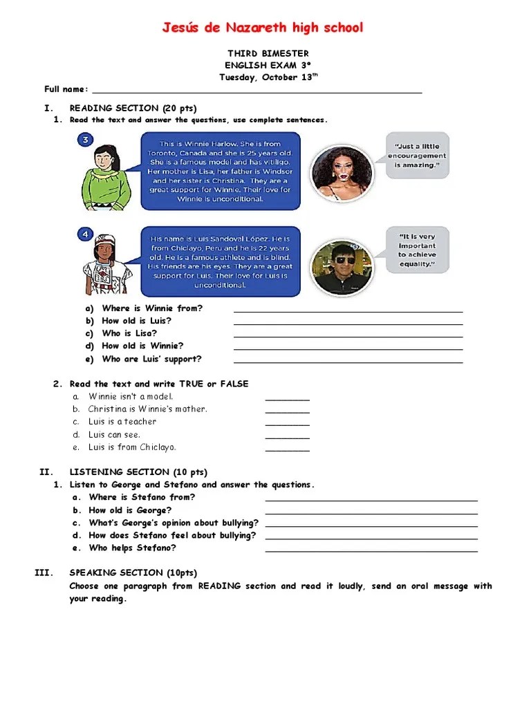 ENGLISH EXAM 3 Third Bimester | PDF