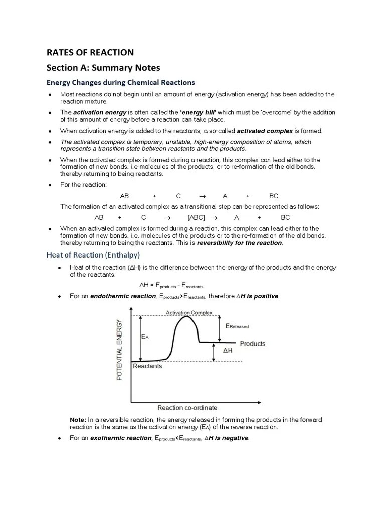 Rates of Reactions Notes and Practice Questions PDF Reaction Rate