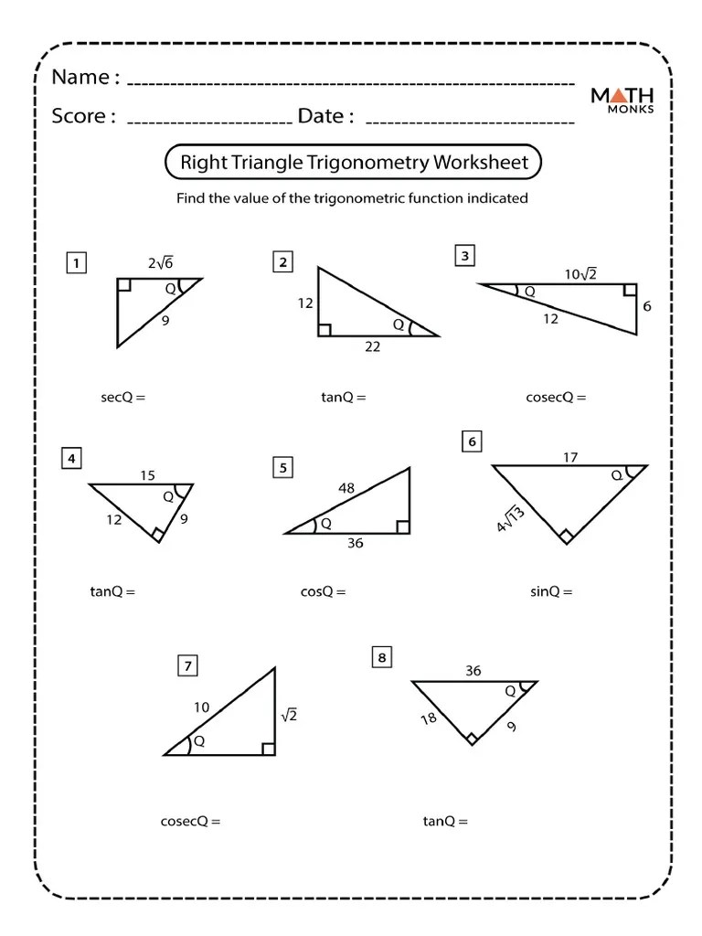 Right Triangle Trig Worksheet PDF