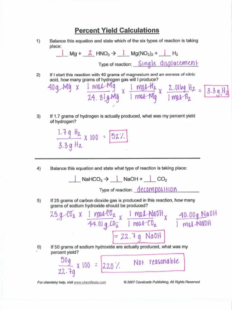 Percent Yield Worksheet Key PDF
