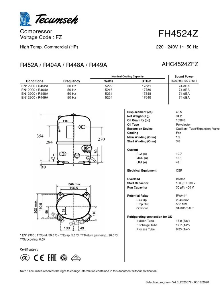 Technical Specifications Tecumseh Compressor 2HP R404 MHBP FH4524Z V