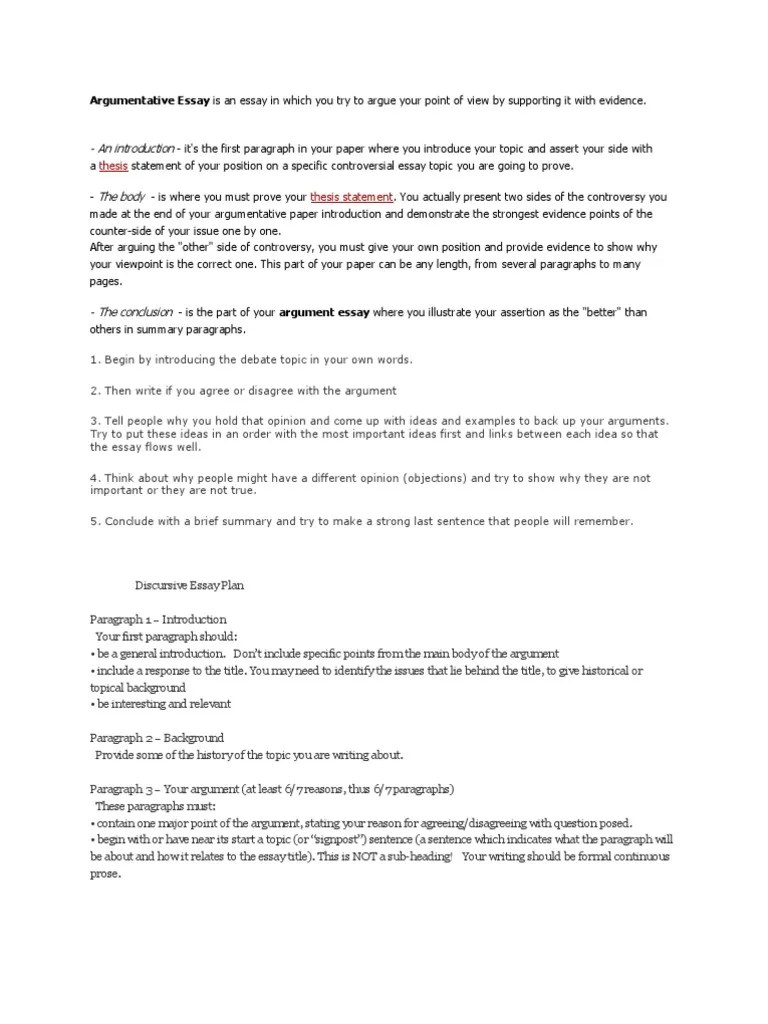 Argumentative and Discursive Essay Argument Paragraph