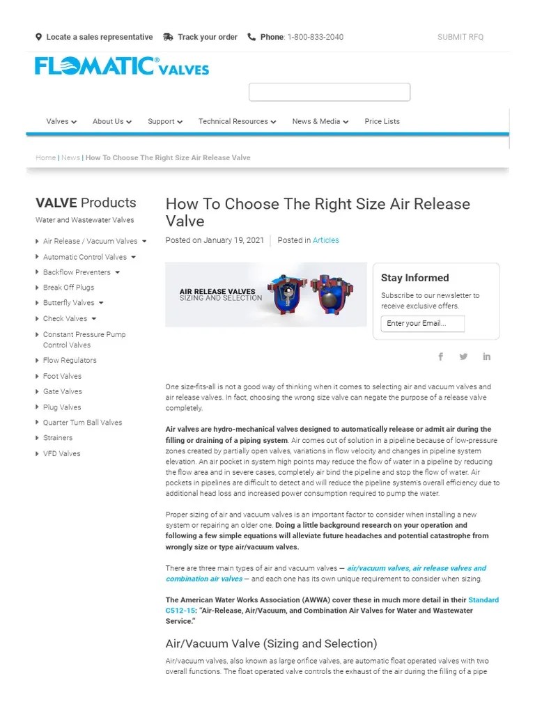 Air Release Valve Sizing Chart How To Choose The Right Valve PDF