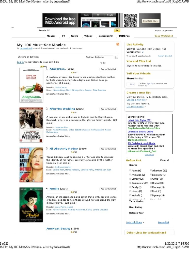 IMDb 100 MustSee Movies Cinema Entertainment (General)