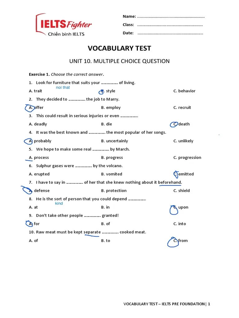 VOCAB TEST 10. UNIT 10. Multiple Choice Question PDF PDF(02)