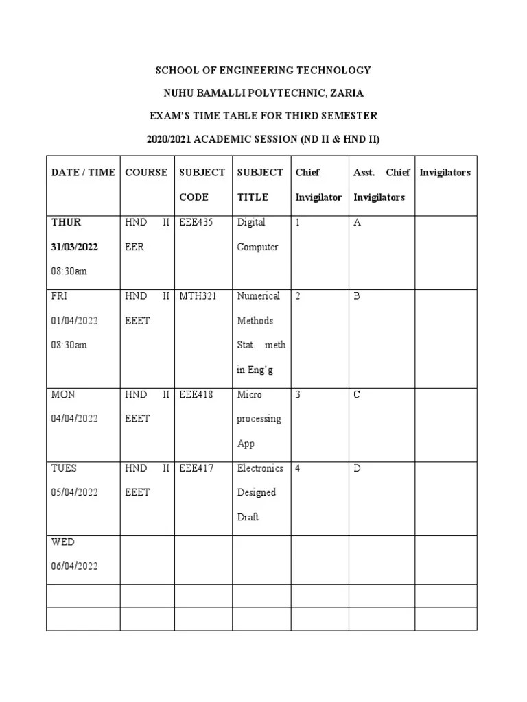 Engineering Time Table 2022 PDF