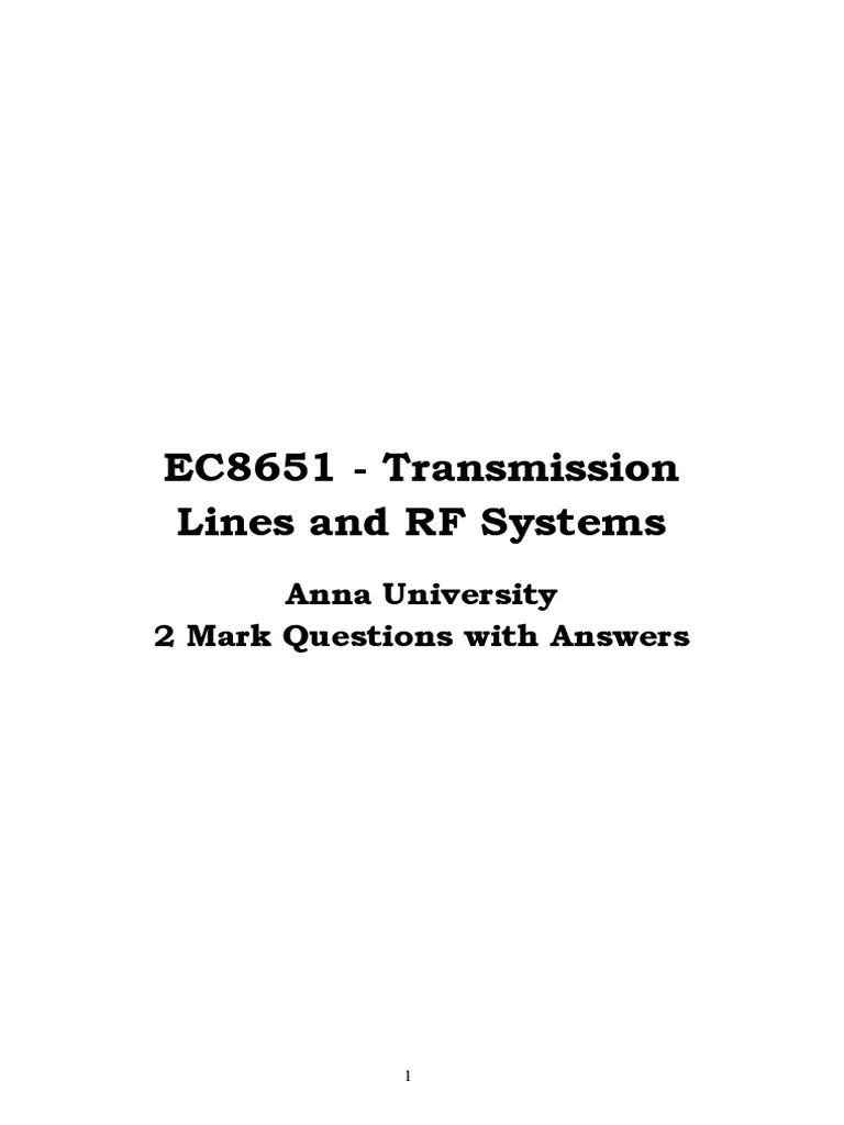 Transmission Lines and RF Systems 2 Mark Questions with Answers from