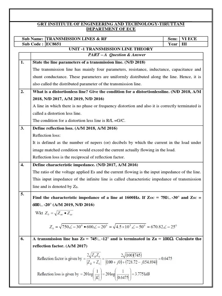 Transmission Line Theory Questions & Answers PDF Waveguide