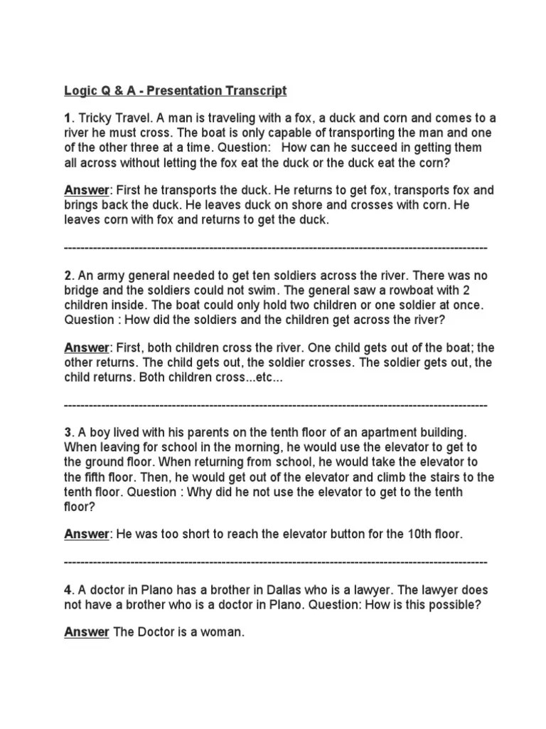 Logic Puzzels and Answers | PDF | Question