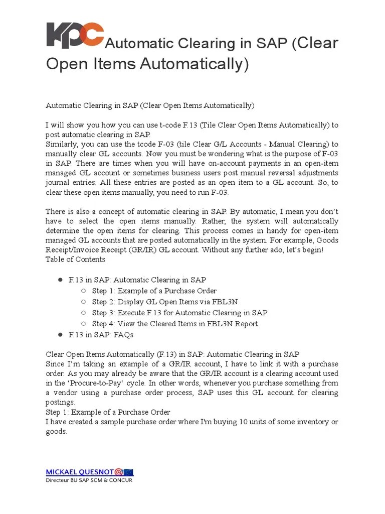 Guide to Automatic Clearing in SAP using Transaction Code F.13 PDF Version Control Invoice