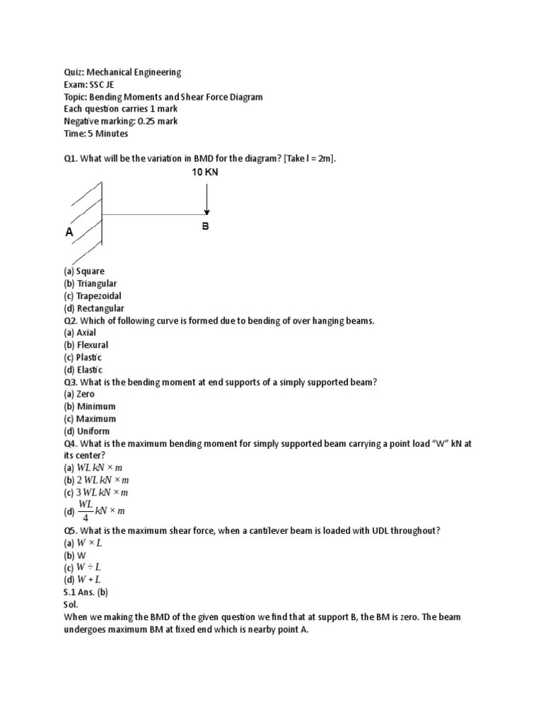 SSC JE QUIZ 7 Bending Moments and Shear Force Diagram PDF Bending