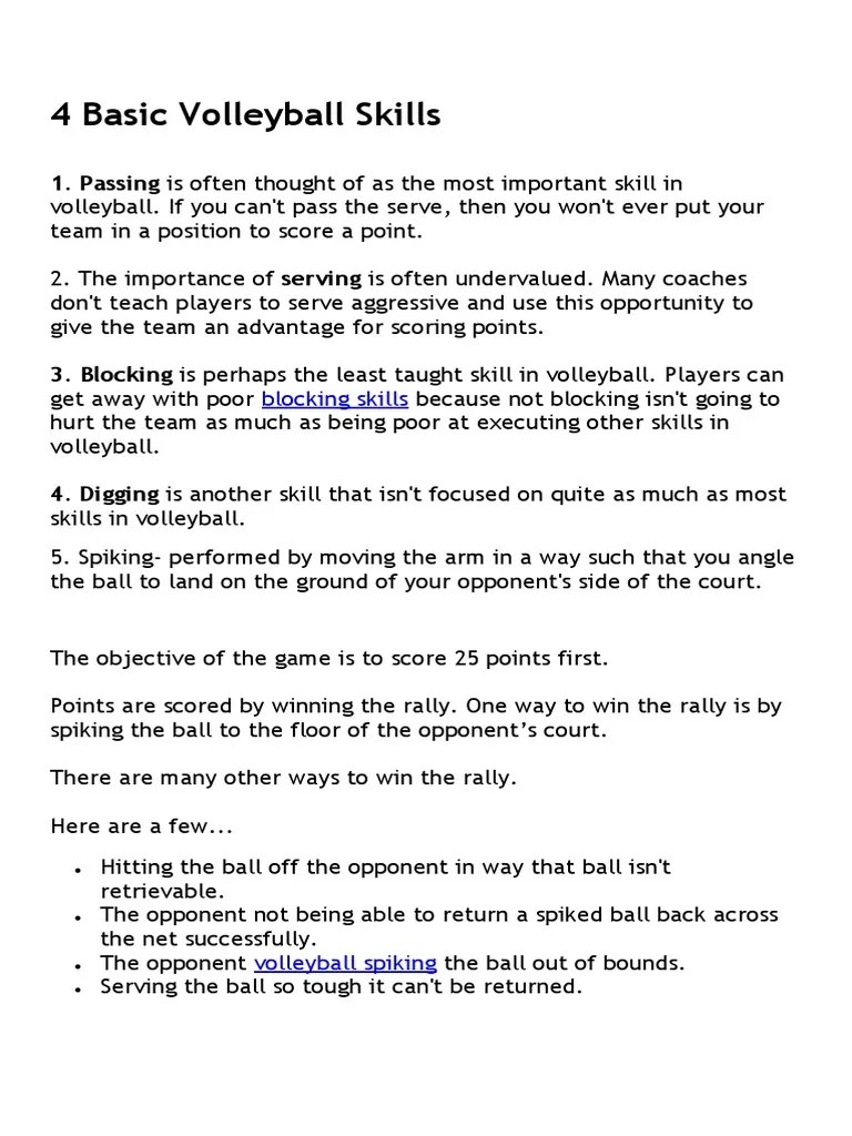 4 Basic Volleyball Skills PDF Volleyball Ball Games