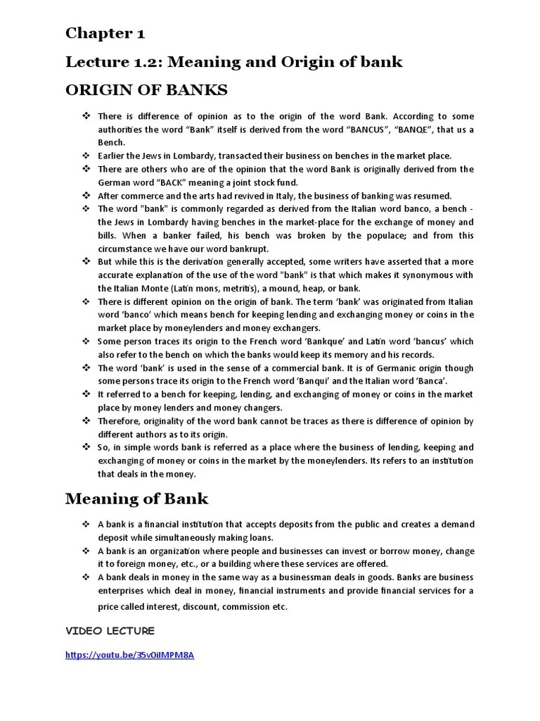 Chapter 1. Lecture 1.2 Meaning of Bank PDF Money Banks