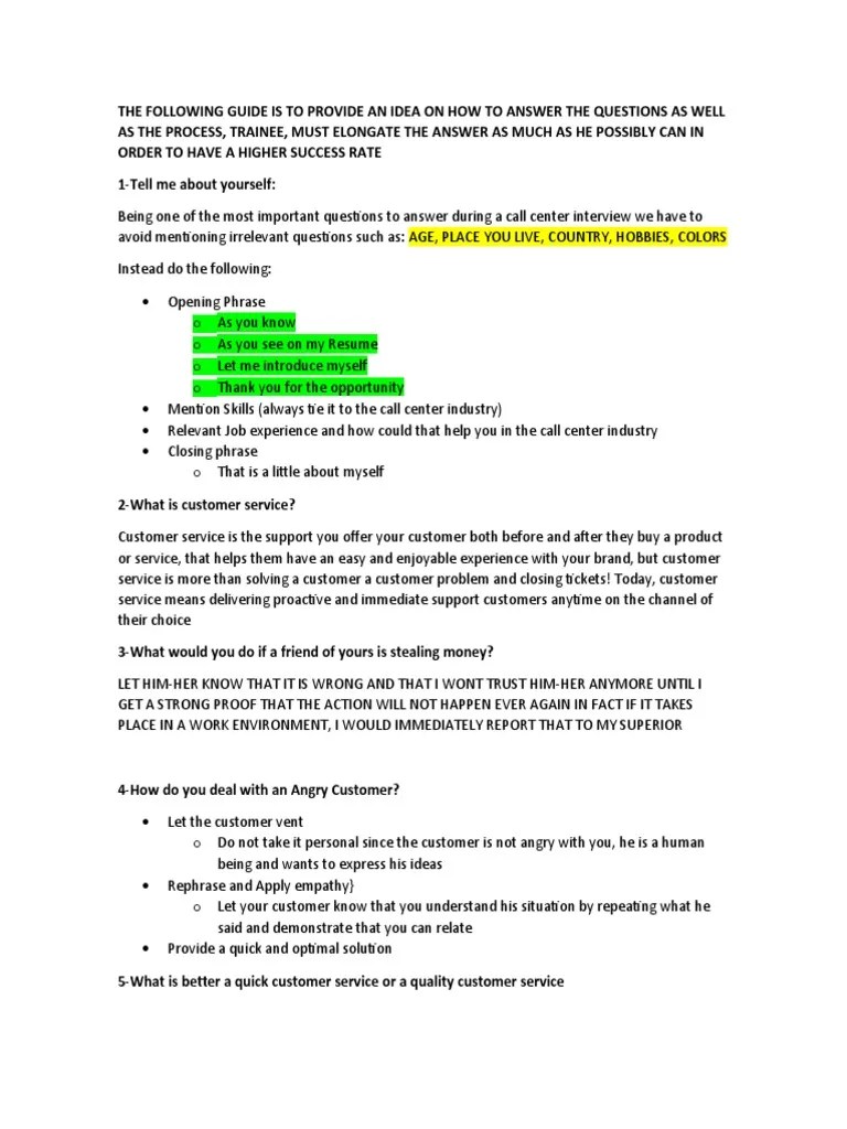 Interview Guide Question For A Call Center PDF Empathy Booting