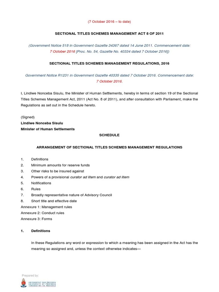 Sectional Titles Scheme Management Act No. 8 of 2011 Regulations of