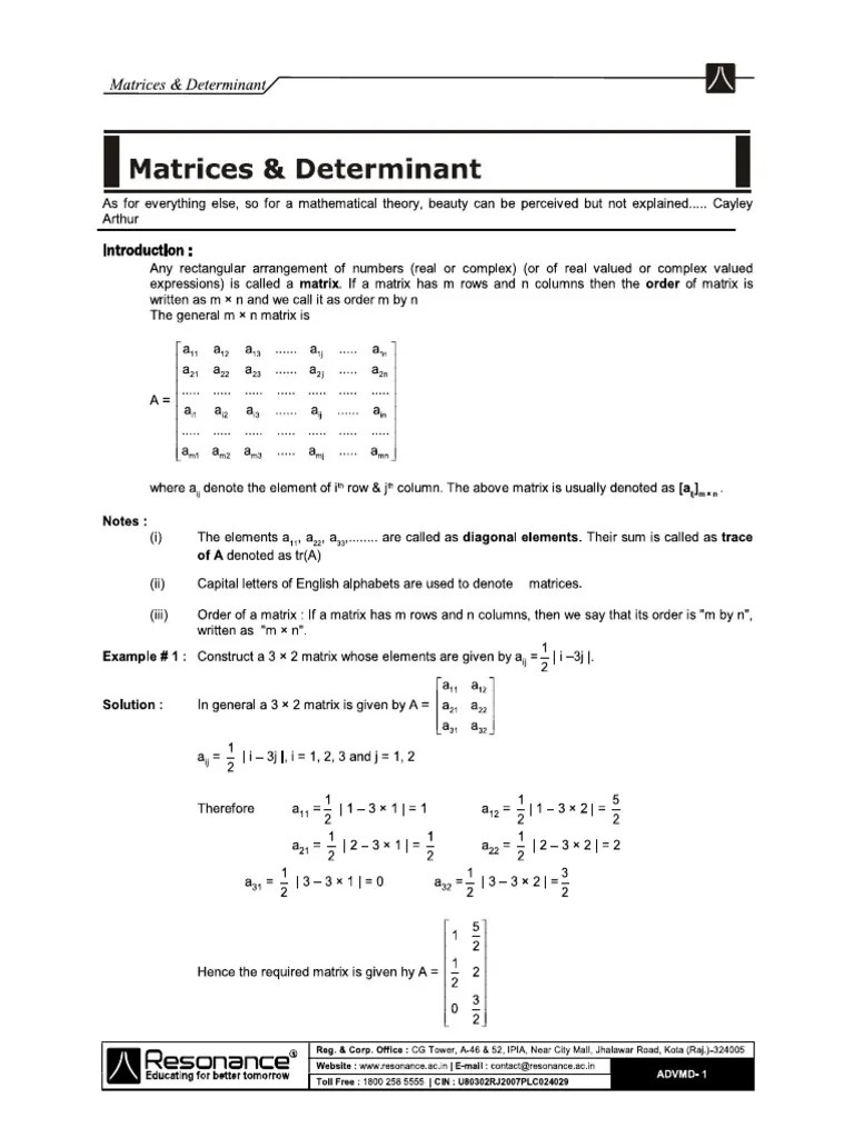 Matrices and Determinants PDF