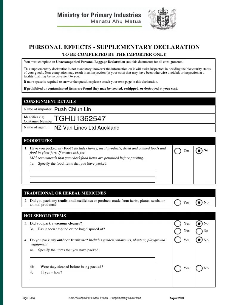 4690 Personal Effects Supplementary Declaration PDF
