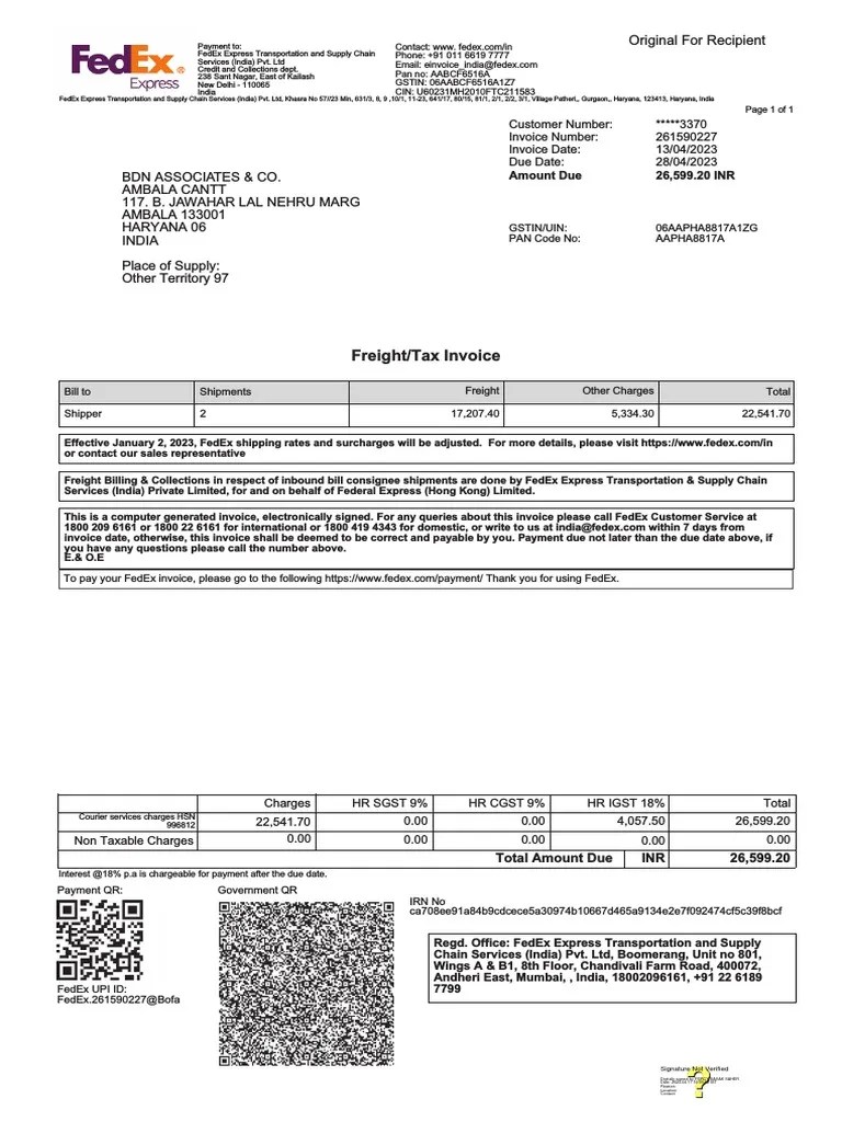 FedEx Freight and Tax Invoice for Shipment from Ambala Cantt to New