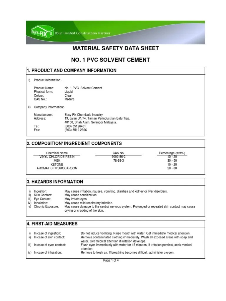 No.1 PVC Solvent Cement (MSDS) PDF