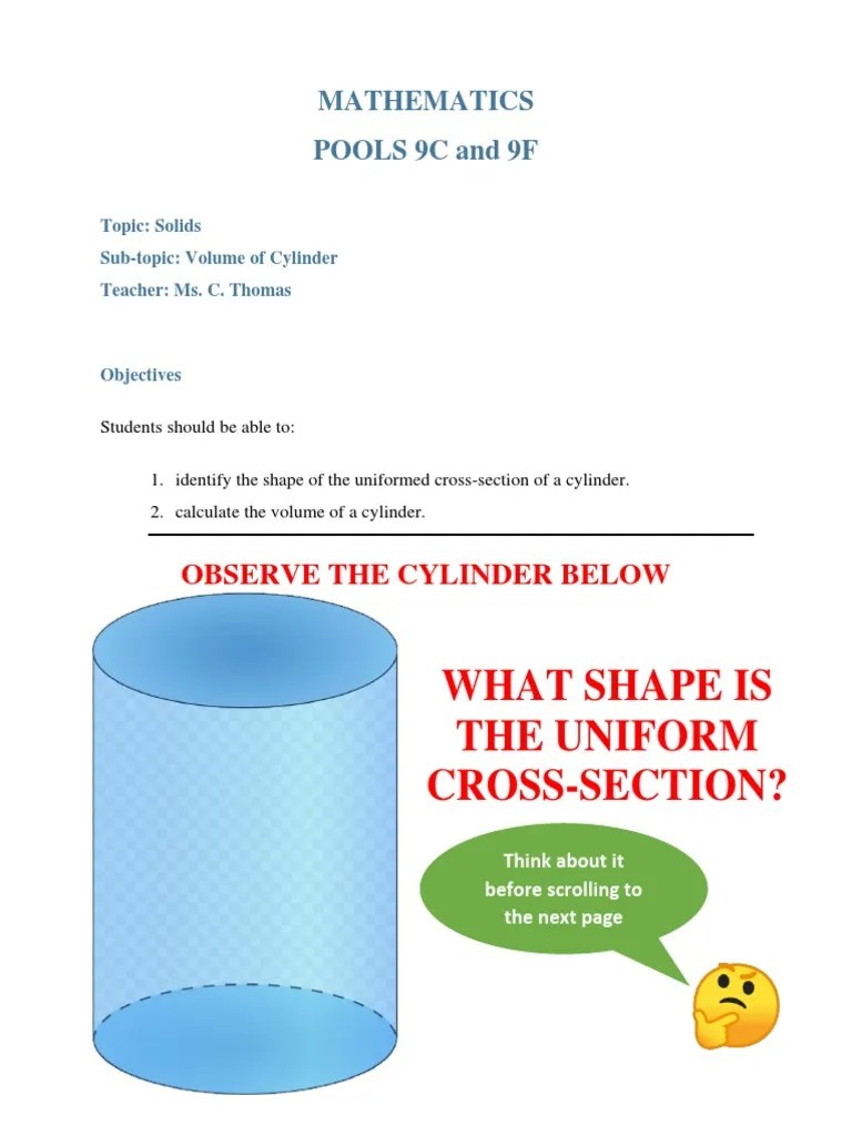 Volume of CYLINDER PDF Area Circle