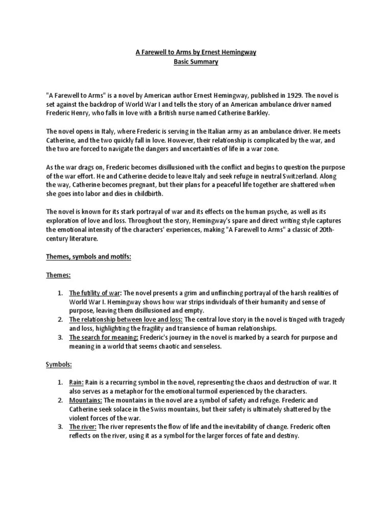 A Farewell To Arms by Ernest Hemingway Basic Summary PDF