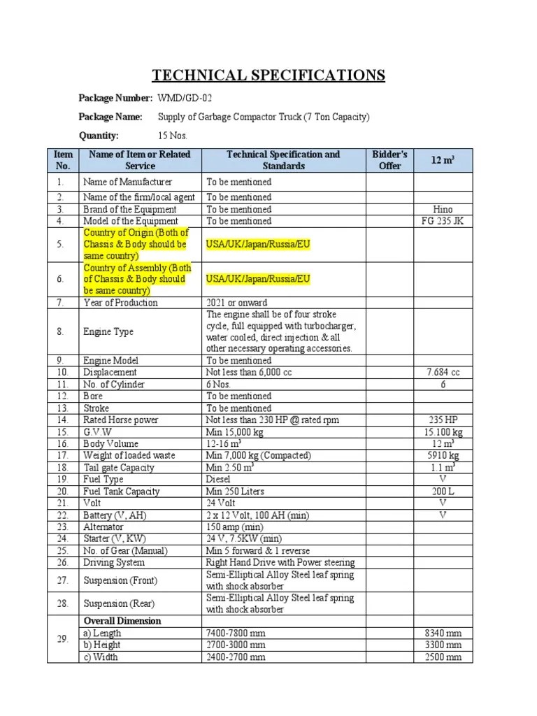 15 Units Garabge Compactor Technical Specifications PDF