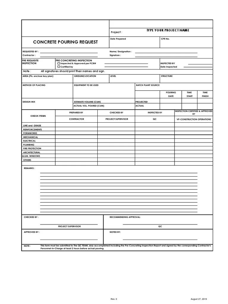 Concrete Pouring Request Form PDF