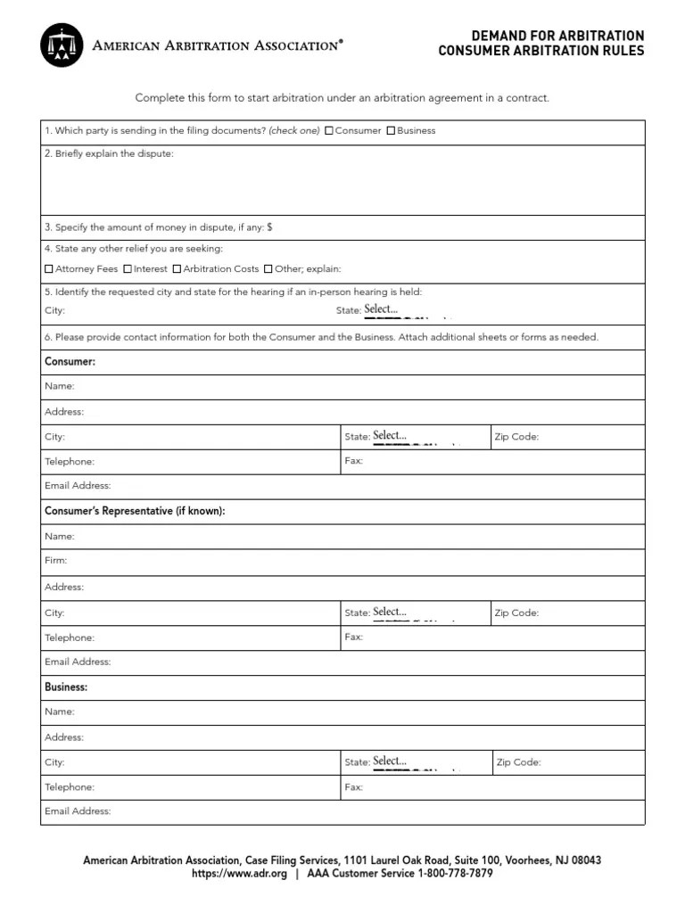 Consumer Demand For Arbitration Form 3 PDF