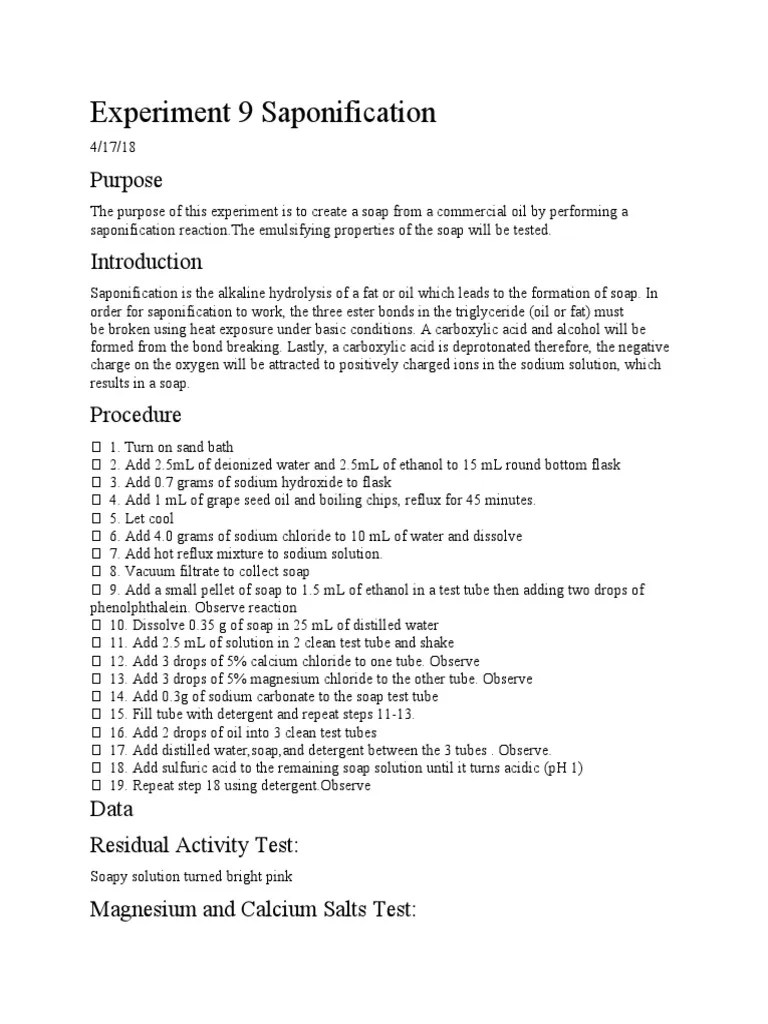 Experiment 9 Saponification PDF Sodium Hydroxide Soap