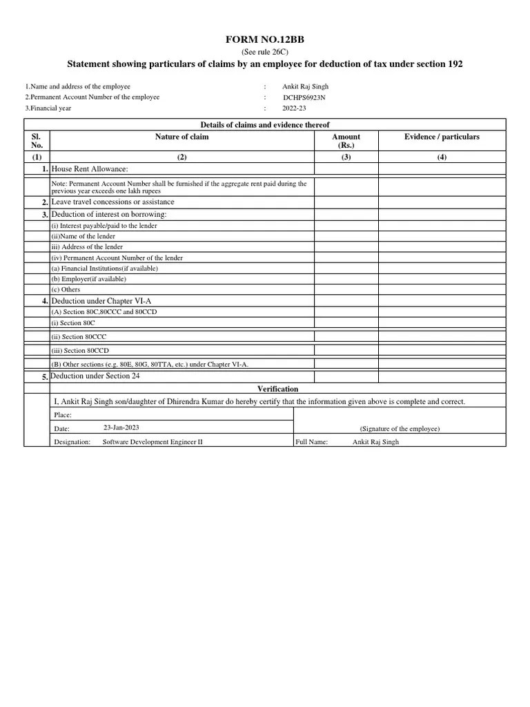Form 12BB and POI Report PDF Employment Tax Deduction