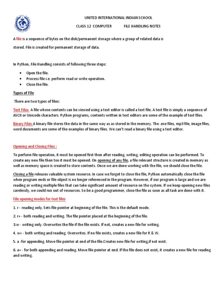 UIIS W FILE HANDLING NOTES PDF Computer File Computer Data Storage