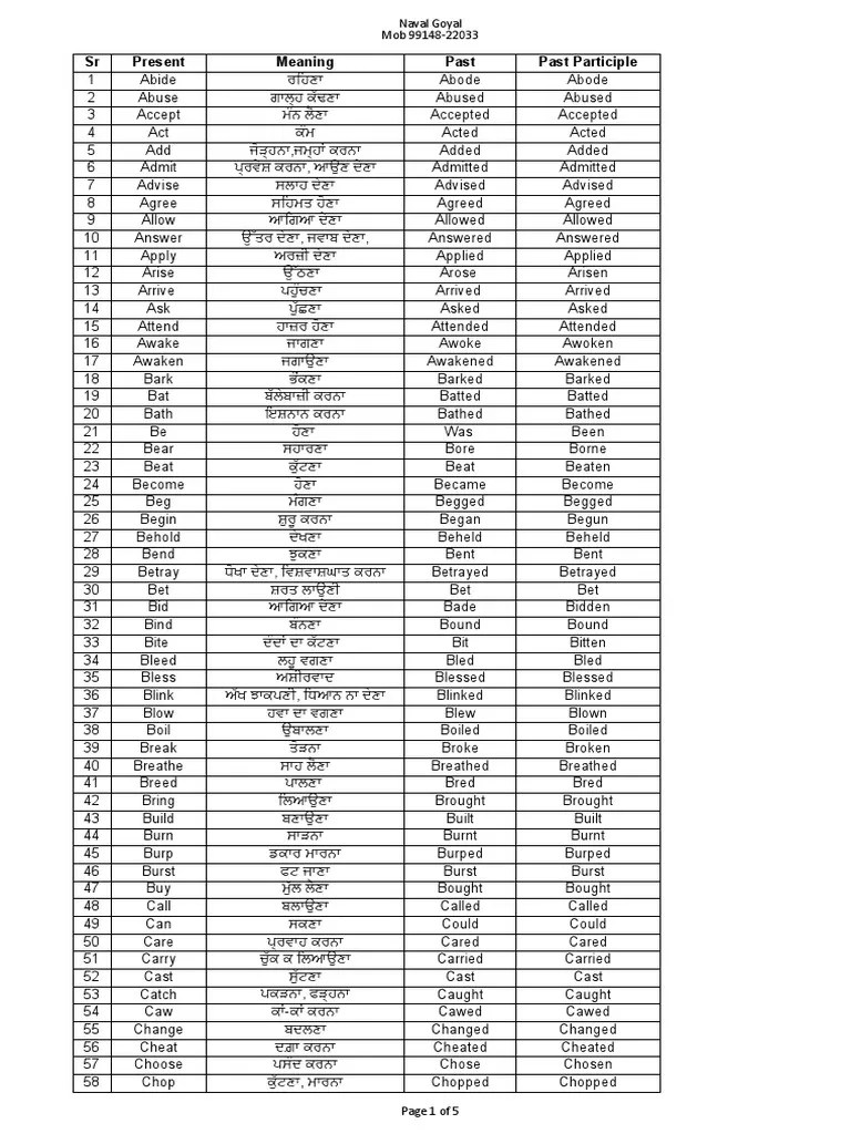 Frequent Using Verbs With Punjabi Meaning PDF