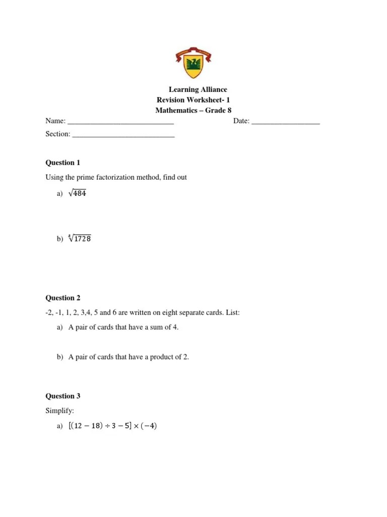 Maths revision worksheet grade 8 cambridge checkpoint learning alliance PDF
