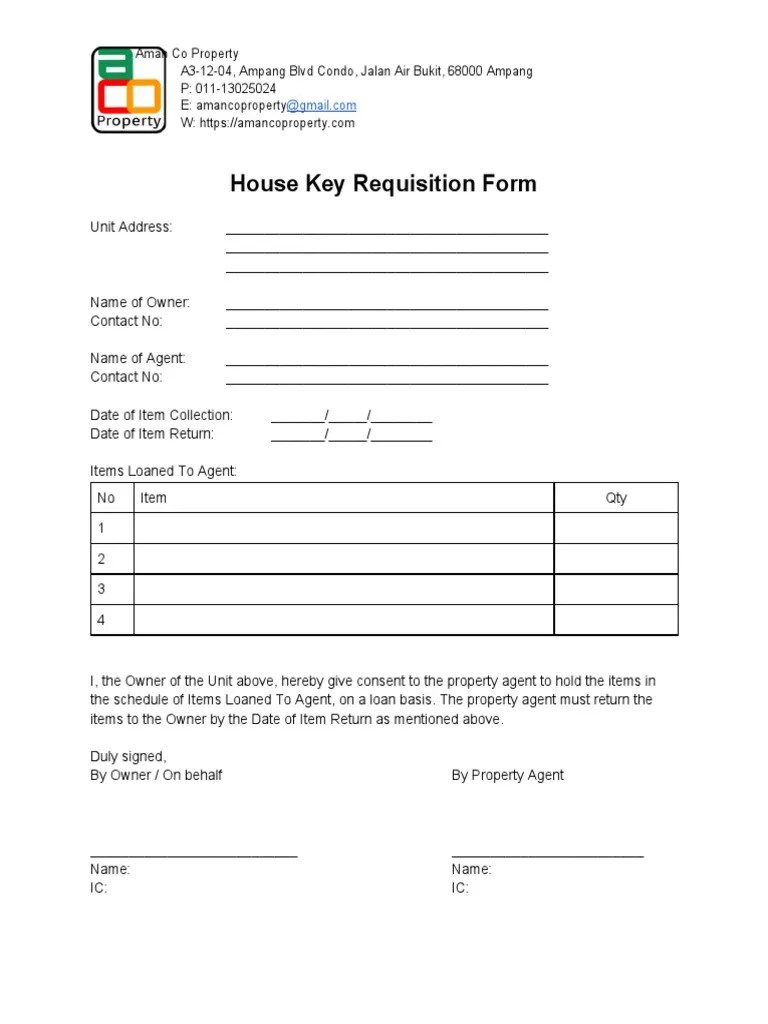 House Key Requisition Form PDF