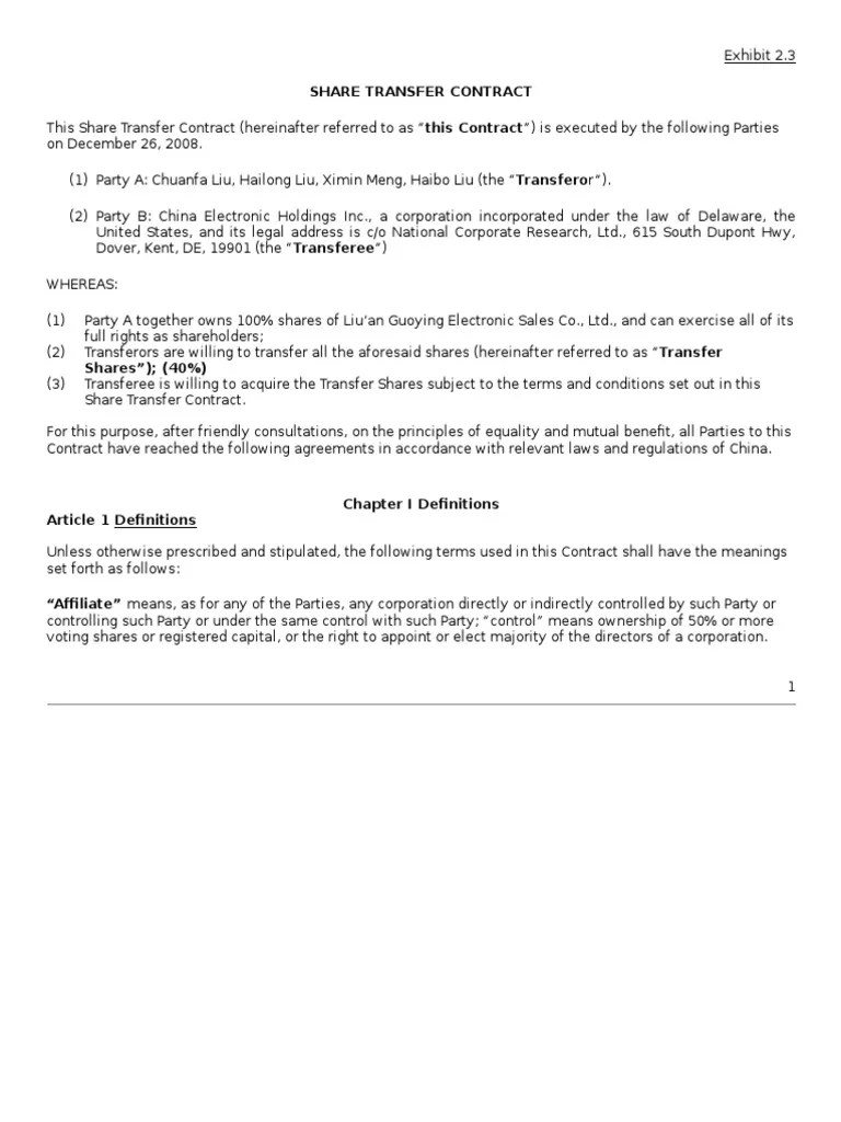 Law Insider China Electronics Holdings Inc Share Transfer