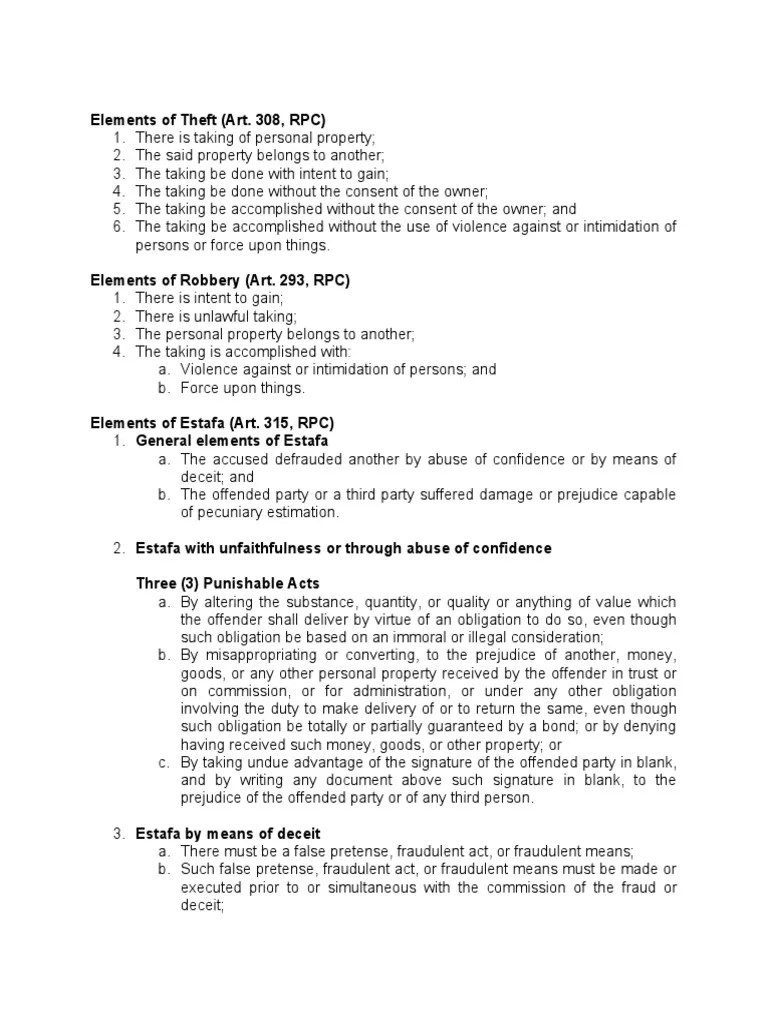 Elements of Theft Robbery and Estafa PDF Fraud Property Crimes
