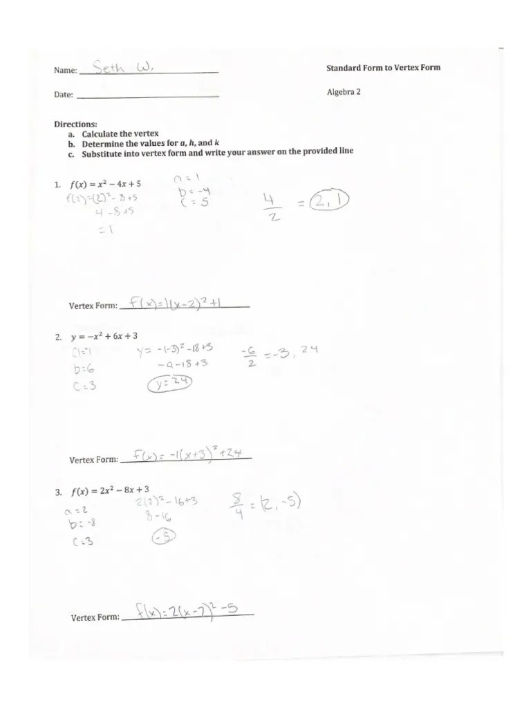 Standard Form to Vertex Form PDF