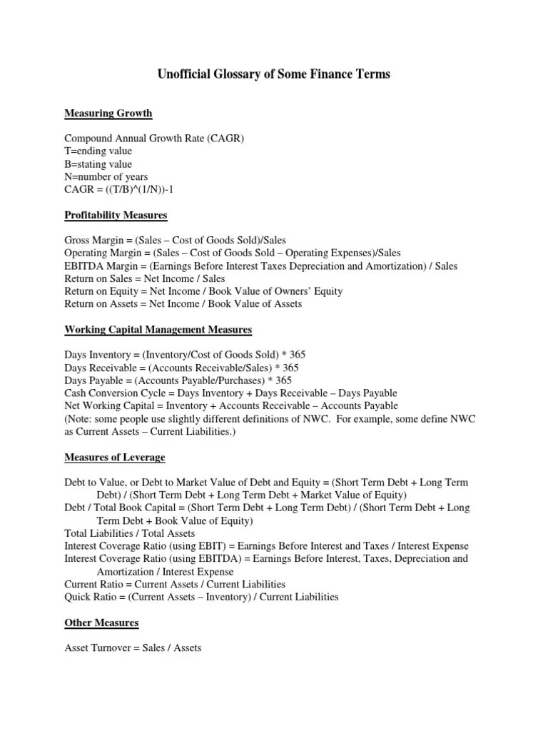 Butler Lumber Glossary of Financial Ratios and Terms PDF