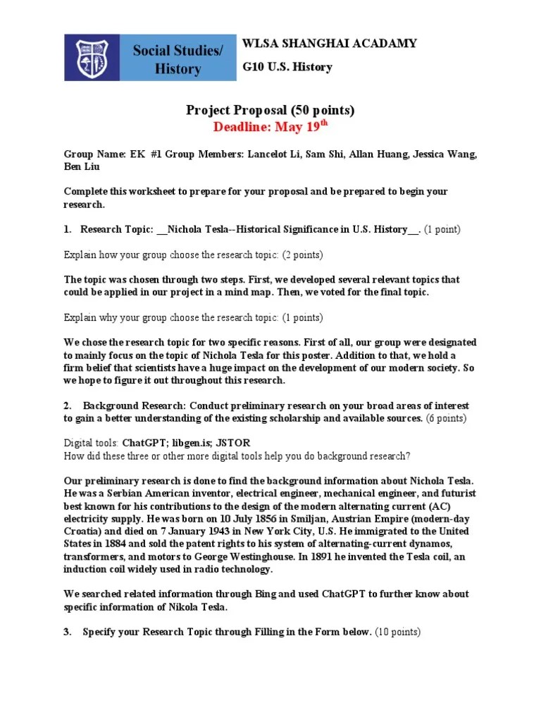 Research Proposal Worksheet EK Group 1 PDF Alternating Current Nikola Tesla
