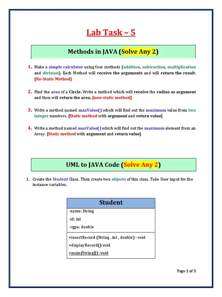 OOP_Lab Task5_Methods_UML to JAVA Code PDF Method