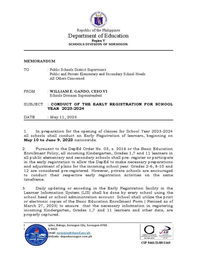 Memorandum For Early Registration PDF Government