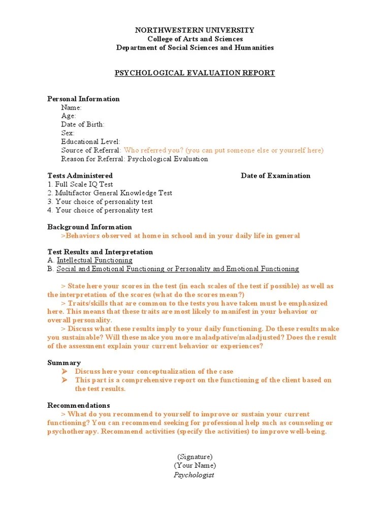 Psychological Evaluation Report Template 2021 PDF