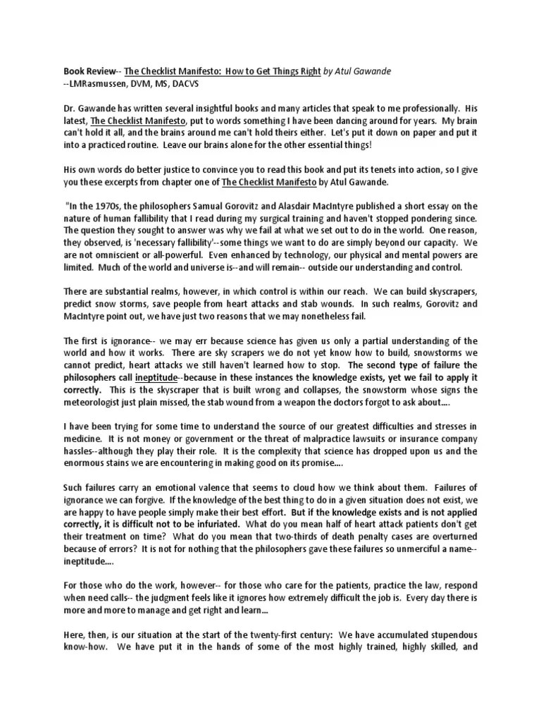 BookReviewTheChecklistManifestoVSSLRDec12 PDF Surgery Medicine