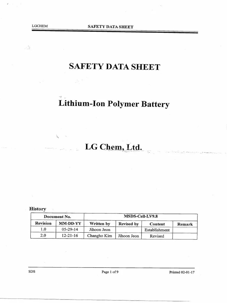 Safety Data Sheet Lithium Batteries PDF