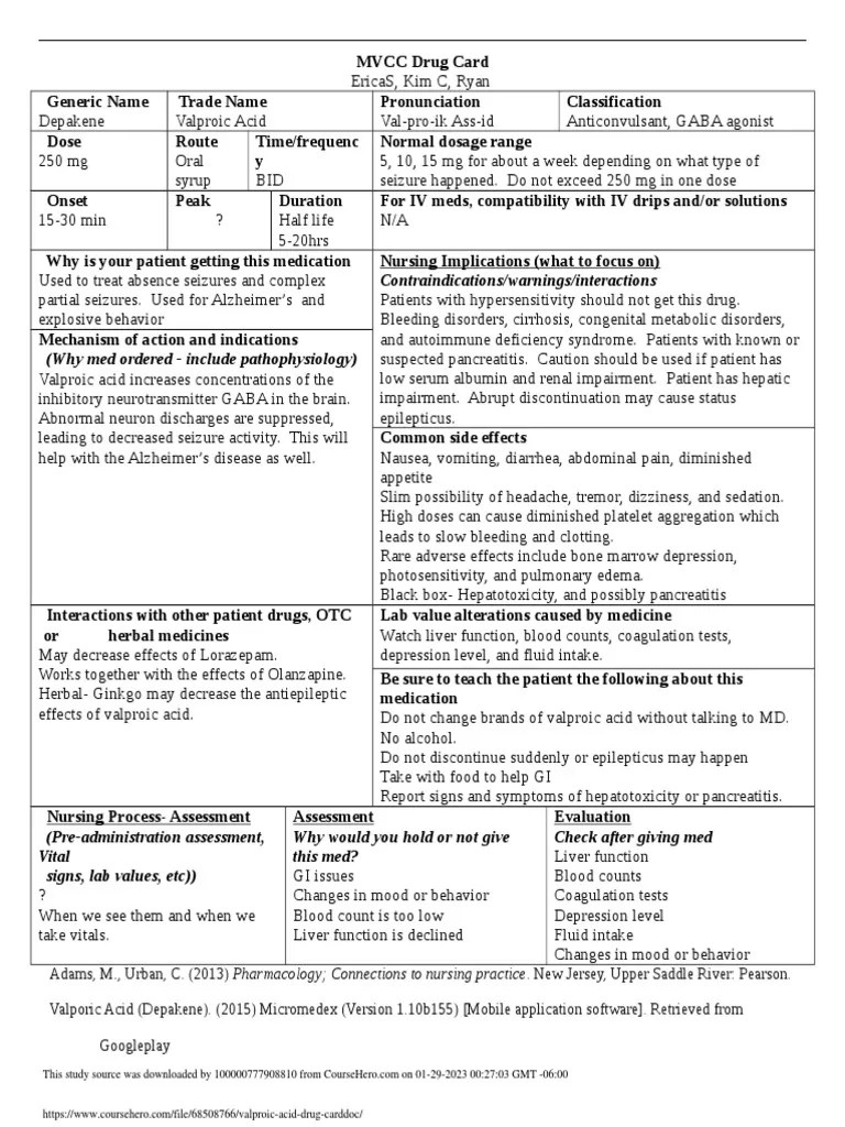 Valproic Acid Drug Card PDF Pharmacology Human Diseases And Disorders