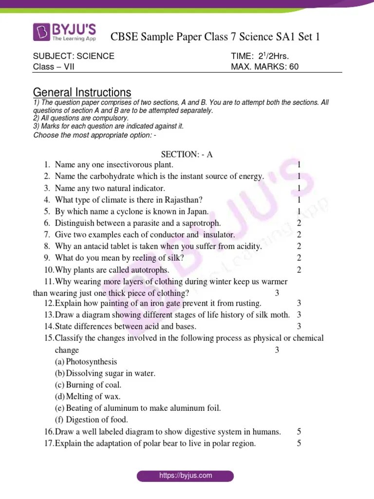 CBSE Sample Paper Class 7 Science SA1 Set 1 PDF Rain Digestion